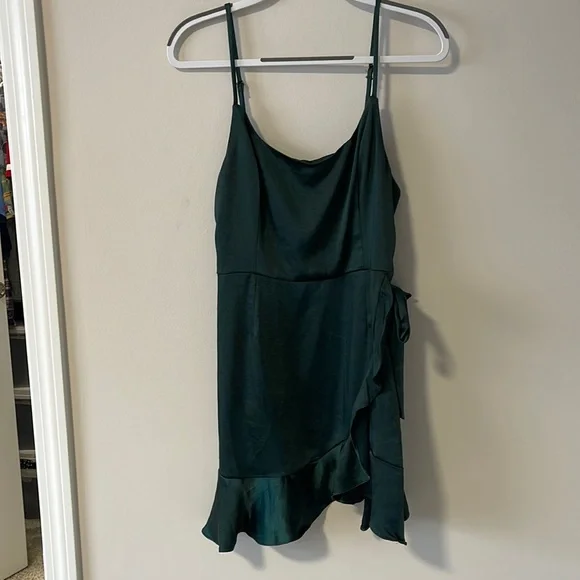 wild fable green dress Emerald Green Satin Mesh Sleeve Dress, XXS / Emerald Green